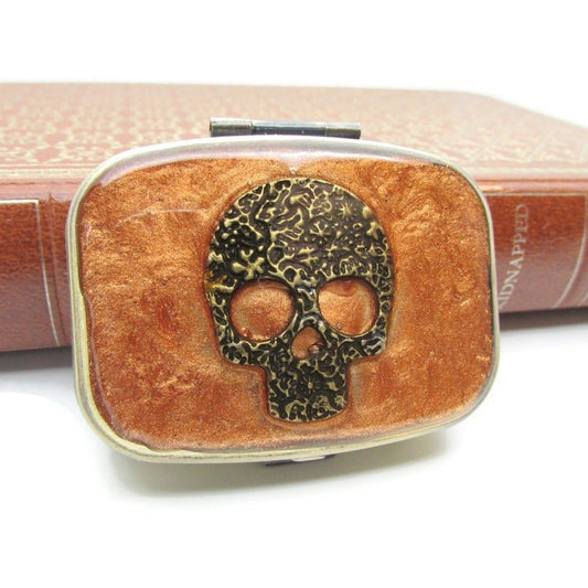 Bronze and Copper Skull Pill Box - Tilted Trinket Designs