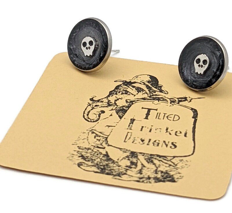 Skull Black Stud Earrings - Tilted Trinket Designs