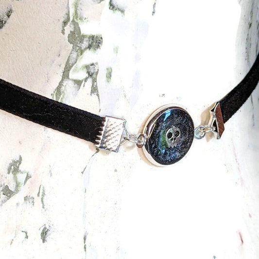 Skull Choker, Black Velvet and Silver Tone Necklace - Tilted Trinket Designs